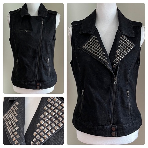Dolled Up Jackets & Blazers - Black Gray Denim Studded Moto Vest
